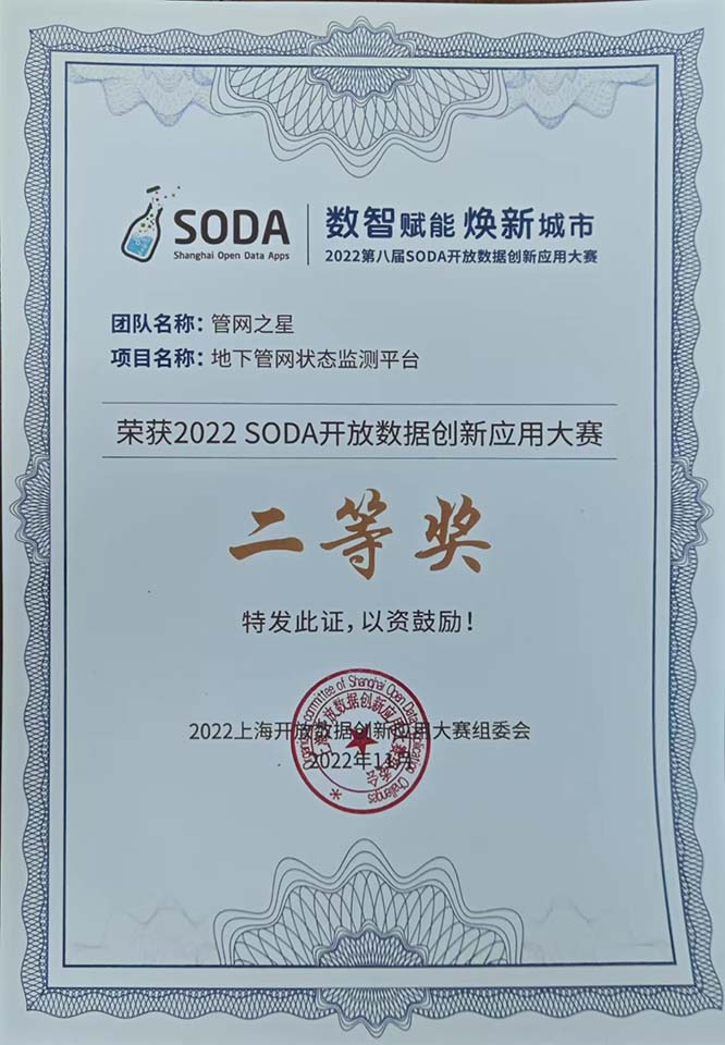 上海航鼎提供变形监测传感器，组队参加的管网之星荣获2022 SODA开放数据创新应用大赛二等奖